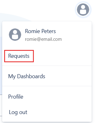Service Desk profile menu showing Requests option