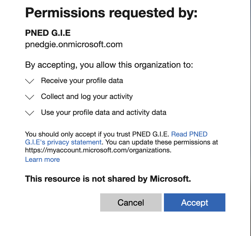 Permissions requested by PNED G.I.E page with Accept button